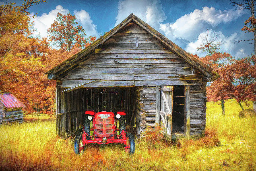Red Tractor at the Autumn Country Barn Painting Photograph by Debra and Dave Vanderlaan