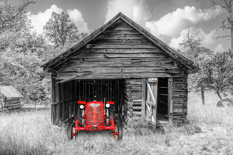 Red Tractor at the Country Barn Black and White and Red Photograph by Debra and Dave Vanderlaan