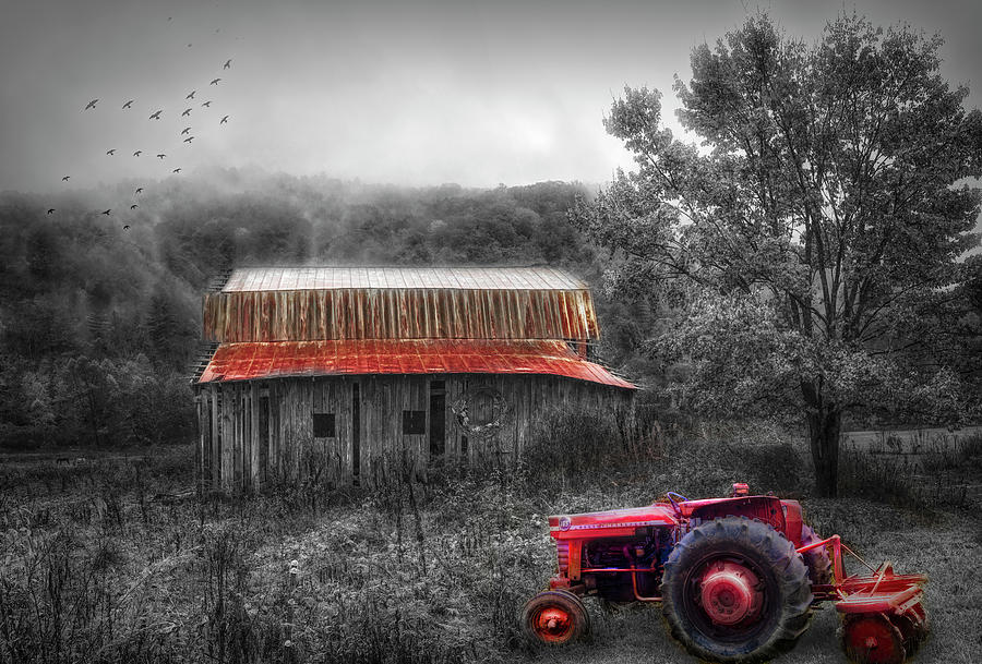 Red Tractor in the Mountain MIsts Black and White  Photograph by Debra and Dave Vanderlaan