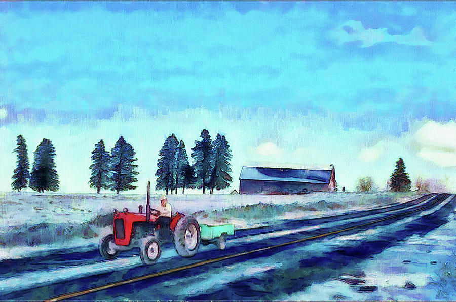 Red Tractor On Country Road Digital Art by Leslie Montgomery