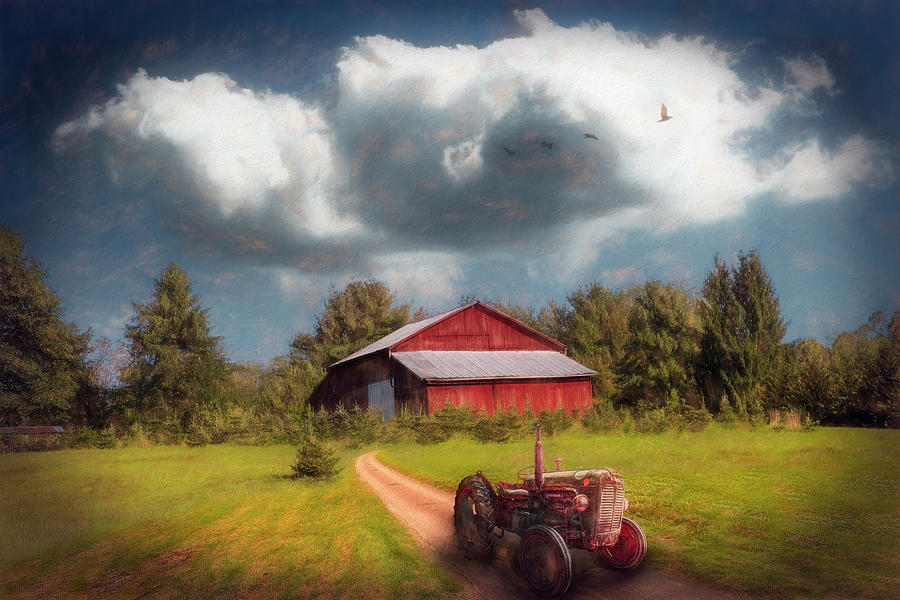 Red Tractor on the Farm Trail Painting Photograph by Debra and Dave Vanderlaan