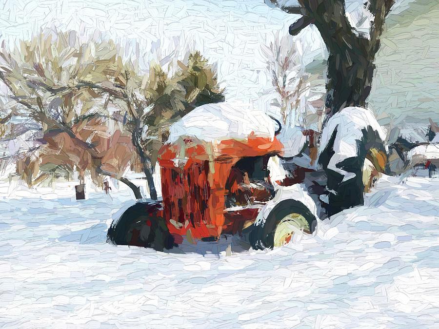 Red Tractor on White Snow Painting Digital Art by Tatiana Travelways