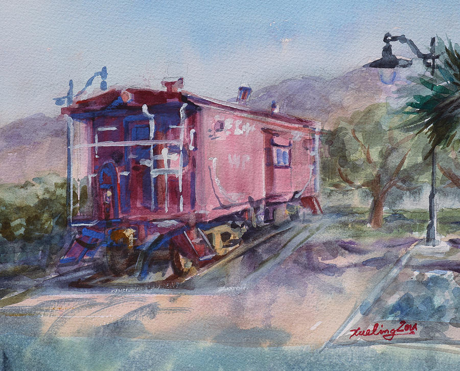 Train Painting - Red Train Car at Niles Canyon by Xueling Zou