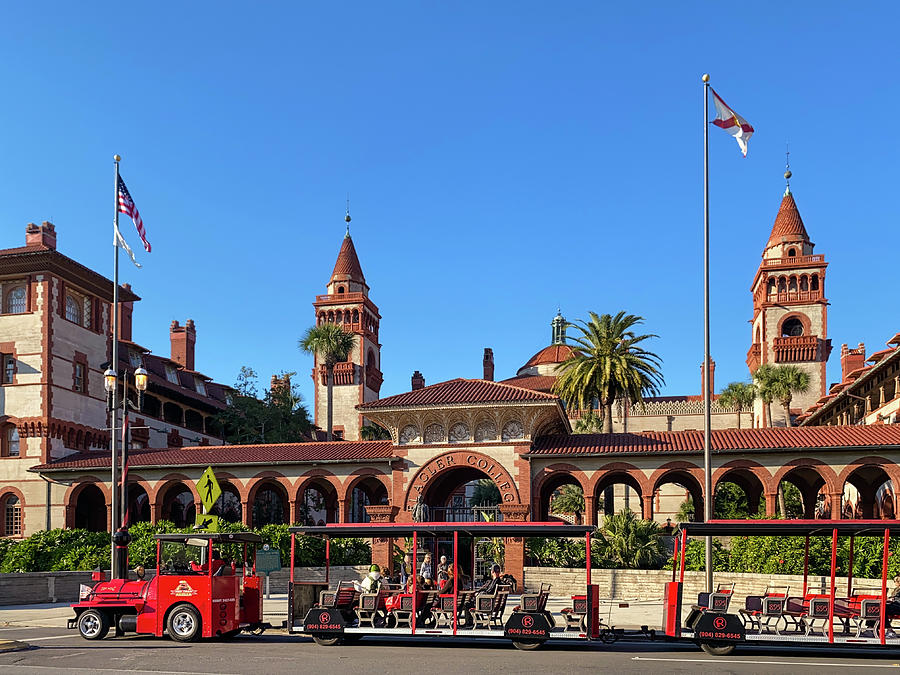 Red Train Trolley Stop at Flagler College, St. Augustine, Florid Photograph by Dawna Moore Photography