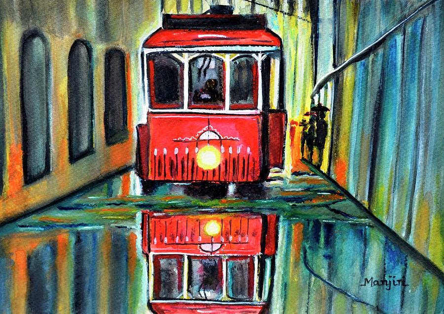 Red Tram Rainy landscape  Painting by Manjiri Kanvinde