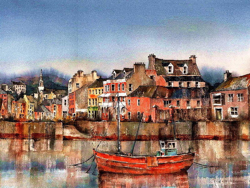 Red Trawler in Kinsale Harbour Painting by Val Byrne