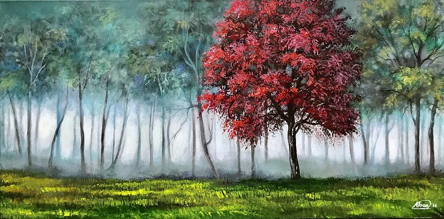 Red Tree And Misty Forest Painting