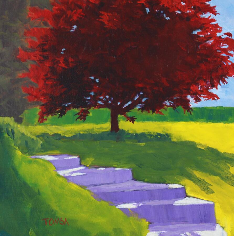 Red Tree Steps Painting by Bill Tomsa