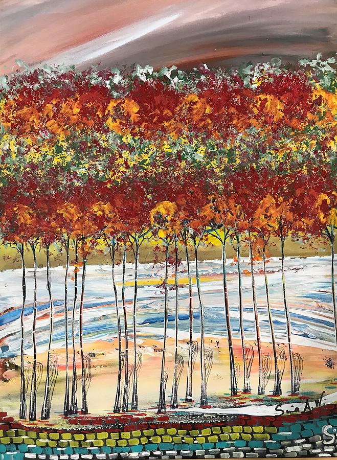 Red Trees At The Lake #2020 Painting by Sima Amid Wewetzer
