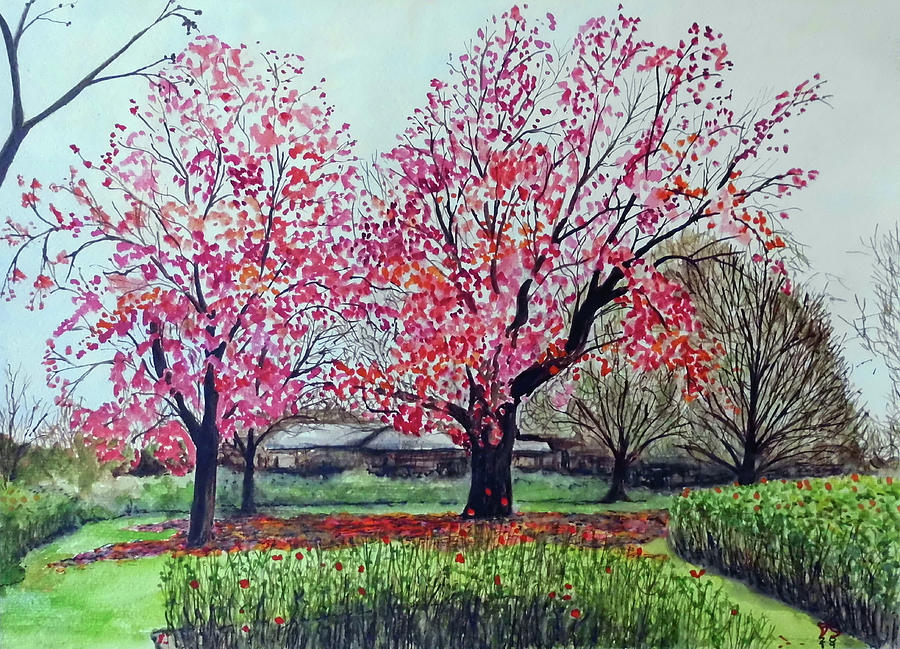Red trees in Regents Park London UK Painting by Francisco Gutierrez