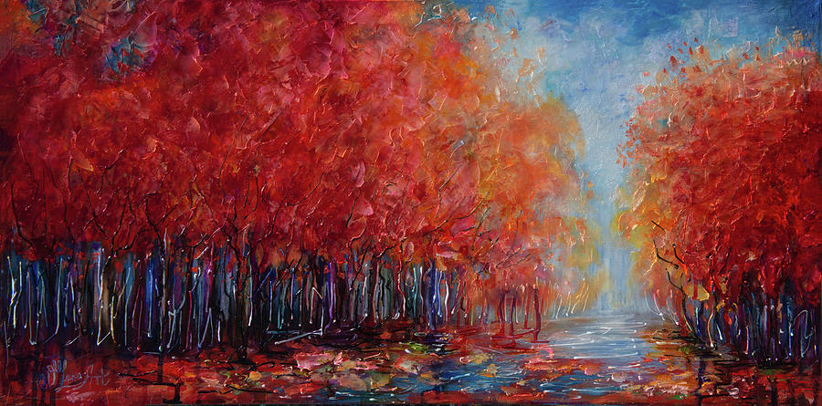 Red Autumn Trees in a Fall forest  Palette Knife Oil Painting Painting by Lena Owens - OLena Art Vibrant Palette Knife and Graphic Design