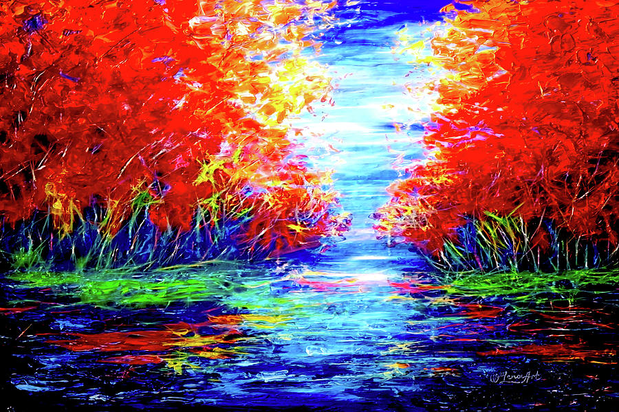 Red trees reflected in the water  Painting by OLena Art