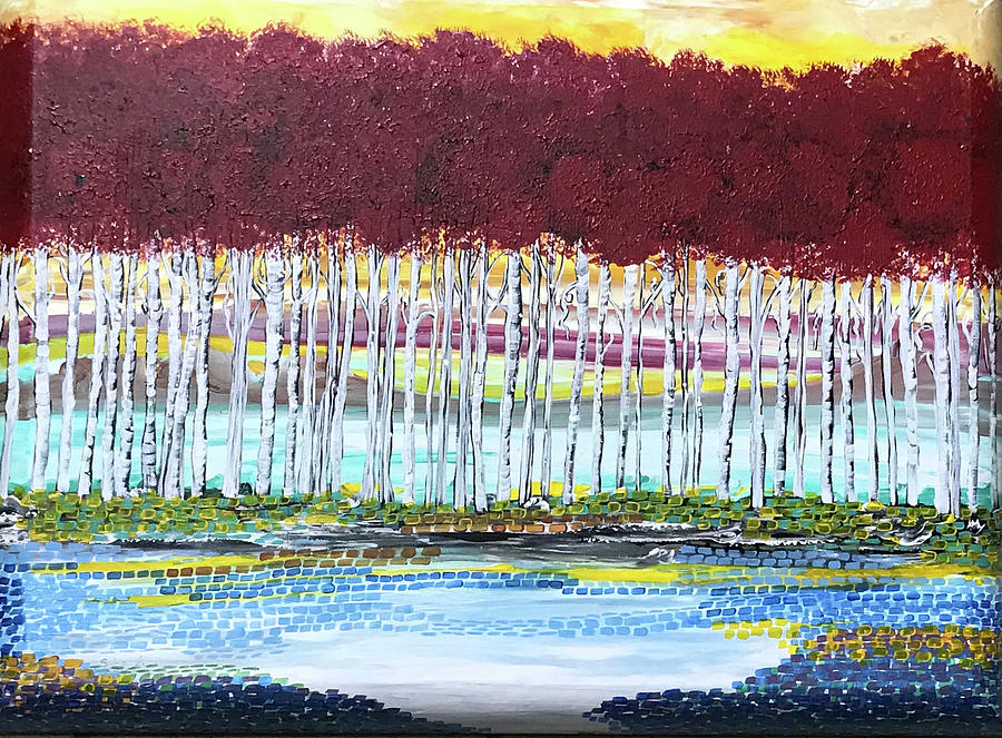 Red Trees @The lake Painting by Sima Amid Wewetzer