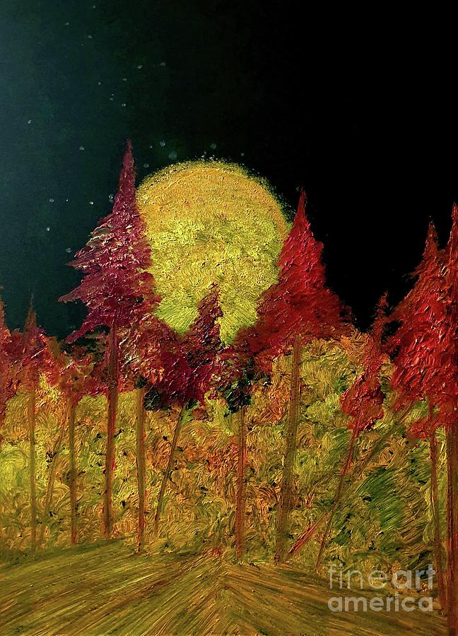 Red Trees Yellow Moon Painting