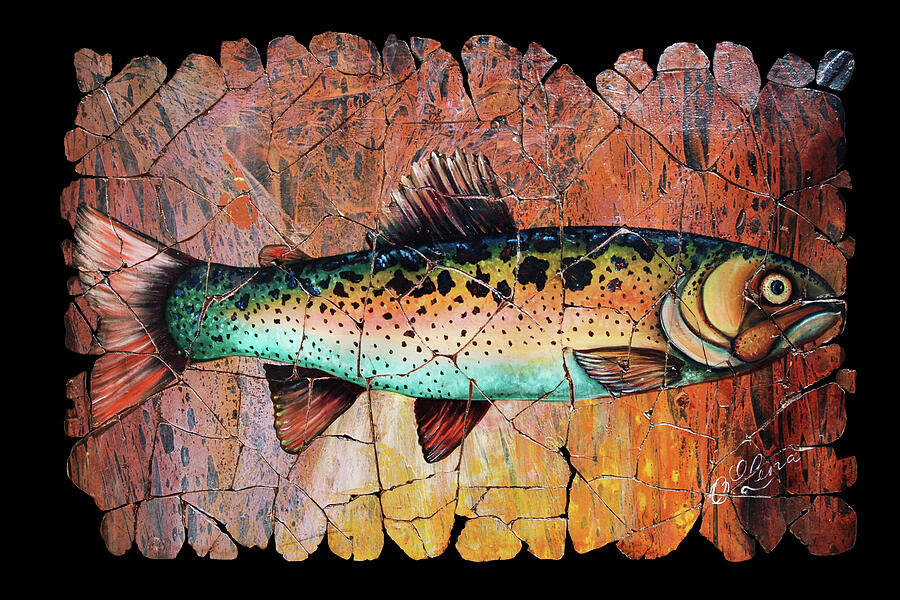 Red Trout on Black Modern Cracked Fresco Art Print Vintage Fishing Decor by OLena Art Painting by Lena Owens Red Trout on Black Modern Cracked Fresco Art Print Vintage Fishing Decor by OLena Art Painting by Lena Owens