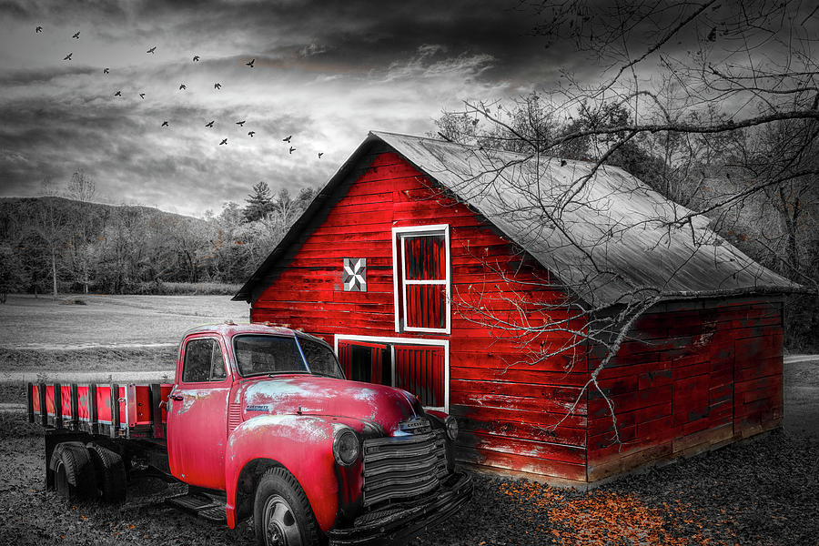 Red Truck and Red Barn under Sunset Skies in Black and White and Photograph by Debra and Dave Vanderlaan