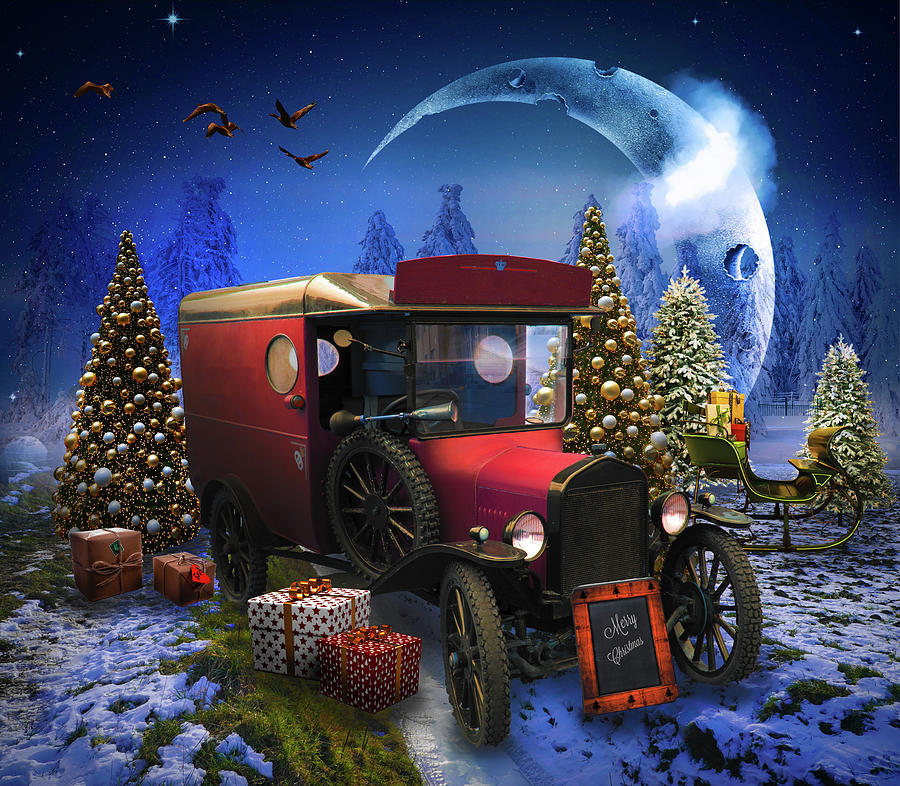 Red Truck at Christmastime Digital Art by Debra and Dave Vanderlaan