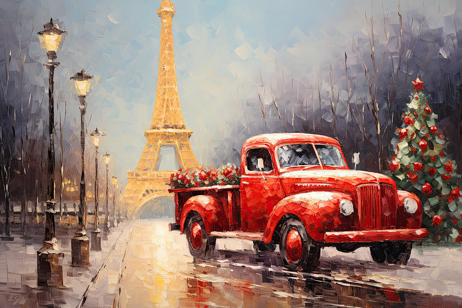 Red Truck at the Eiffel Tower Painting by Lourry Legarde