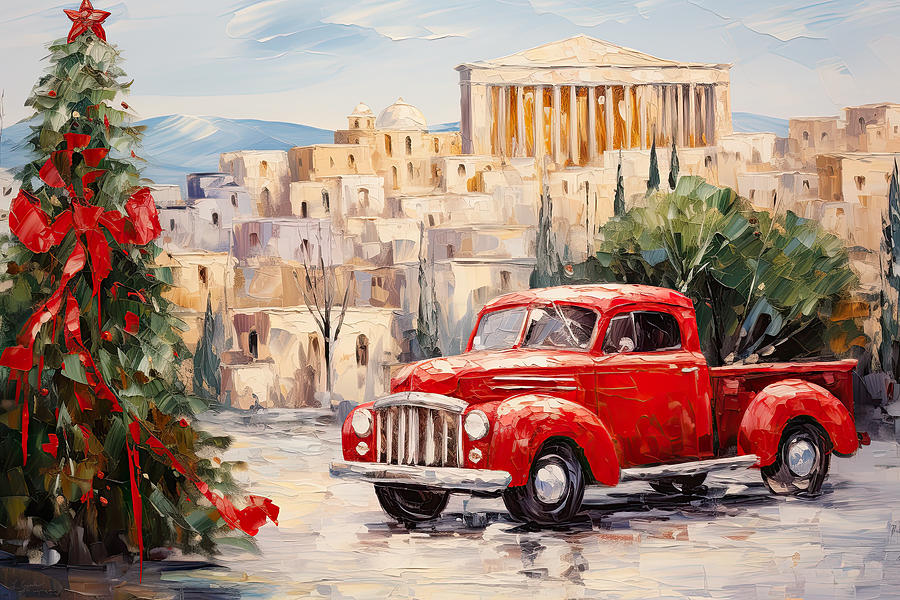 Red Truck at the Temple of Poseidon - A Christmas Fantasy Painting by Lourry Legarde