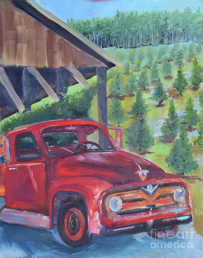 Red Truck -  Christmas Tree Farm Painting by Jan Dappen