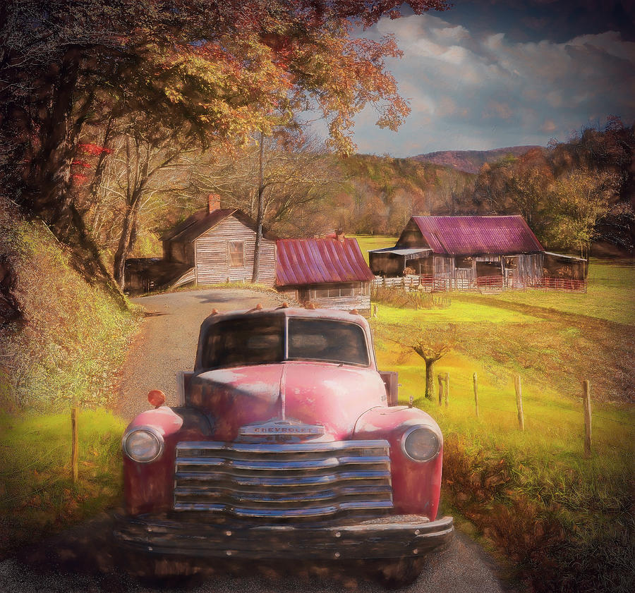 Red Truck in Autumn Colors at the Barns Painting Photograph by Debra and Dave Vanderlaan