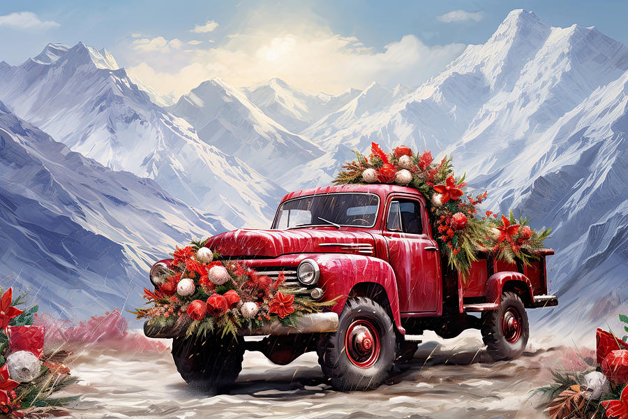 Red Truck Painting - Red Truck in Mount Everest by Lourry Legarde