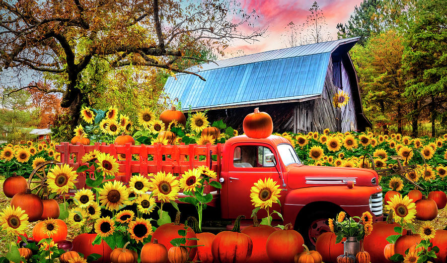 Red Truck in the Pumpkins and Sunflowers Photograph by Debra and Dave Vanderlaan