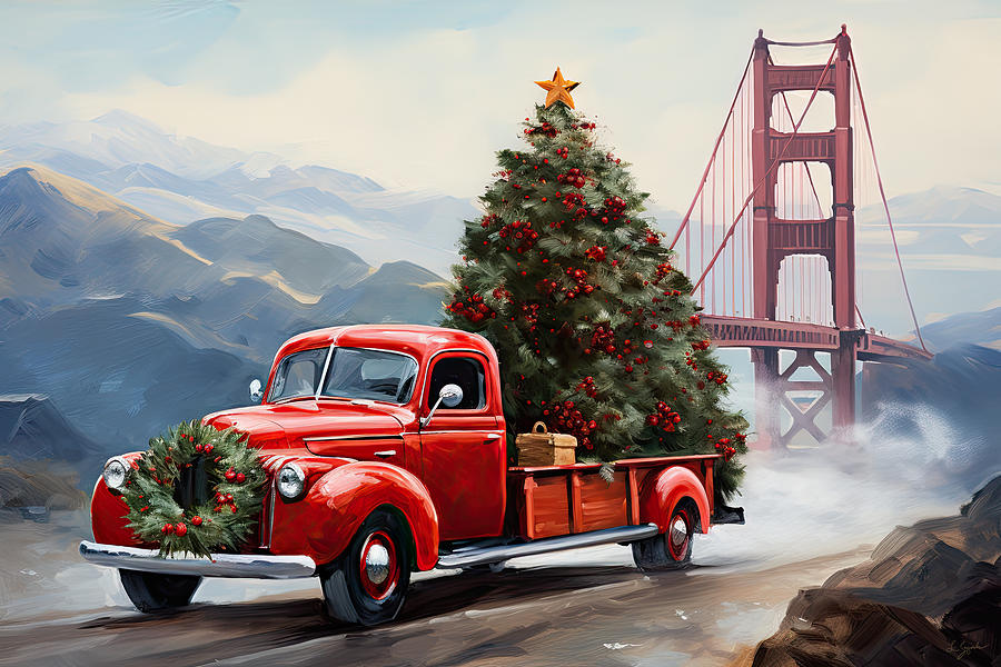 Red Truck Passes the Golden Gate Bridge in San Francisco - Iconic Red Truck Art Painting by Lourry Legarde