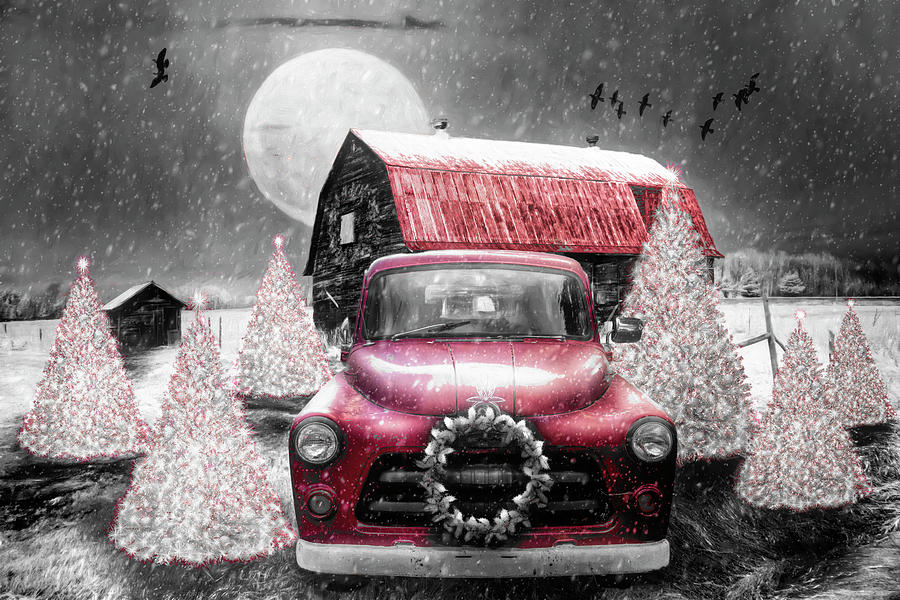 Red Truck Under the Christmas Moon Black and White Photograph by Debra and Dave Vanderlaan