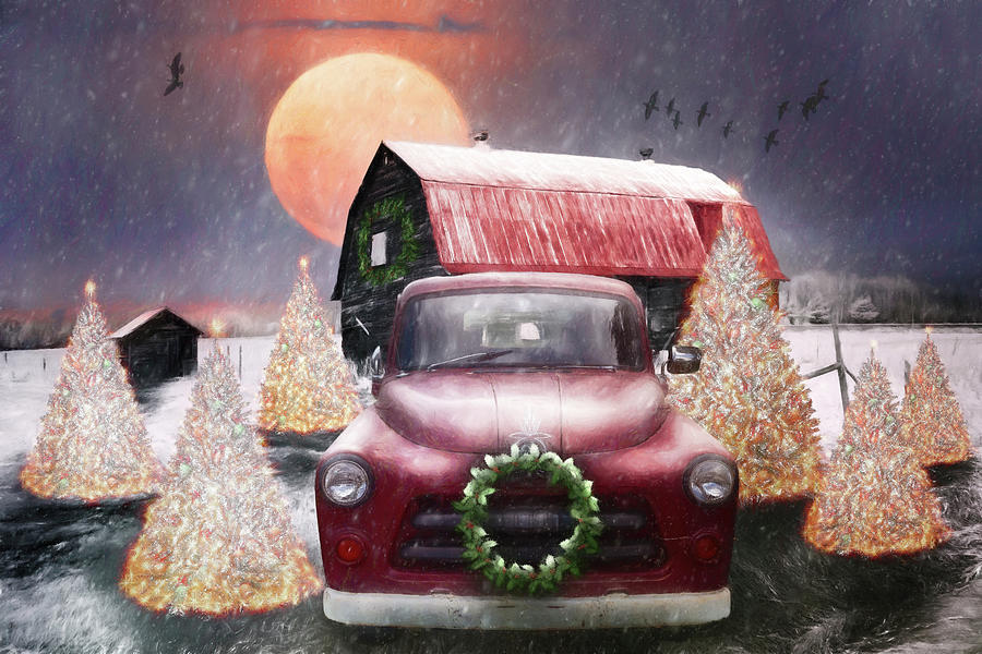 Red Truck Under the Christmas Moon Painting Photograph by Debra and Dave Vanderlaan