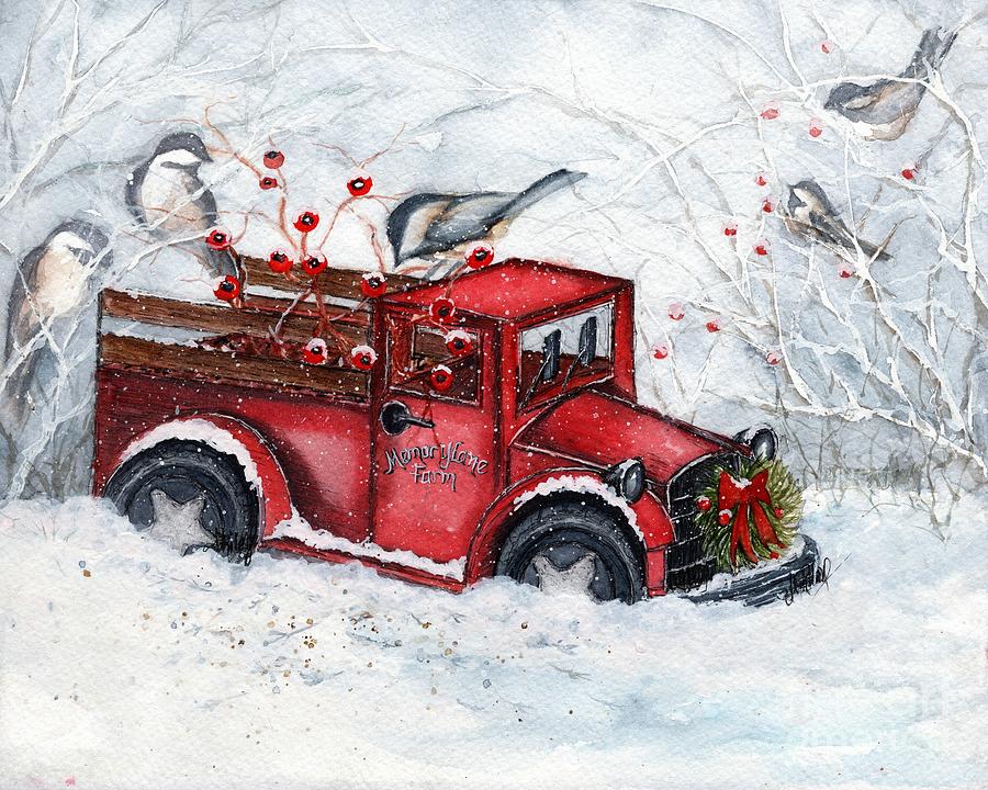 Red Truck Winter Chickadees Painting by Janine Riley