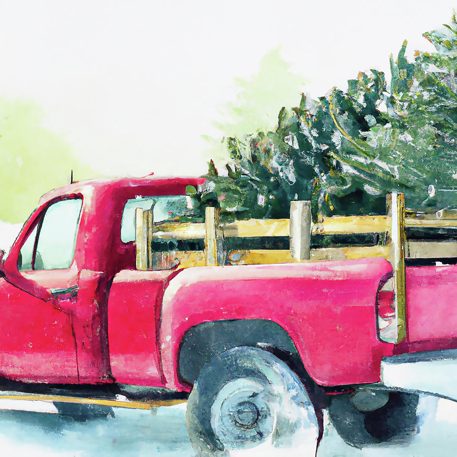 Red Truck with Christmas Tree Digital Art by Alison Frank