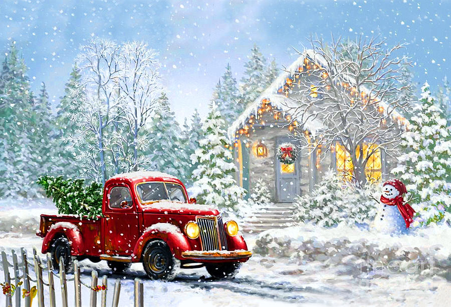 Red Truck With Christmas Tree Snow Mixed Media By Sandi OReilly Fine   Red Truck With Christmas Tree Snow Sandi Oreilly 