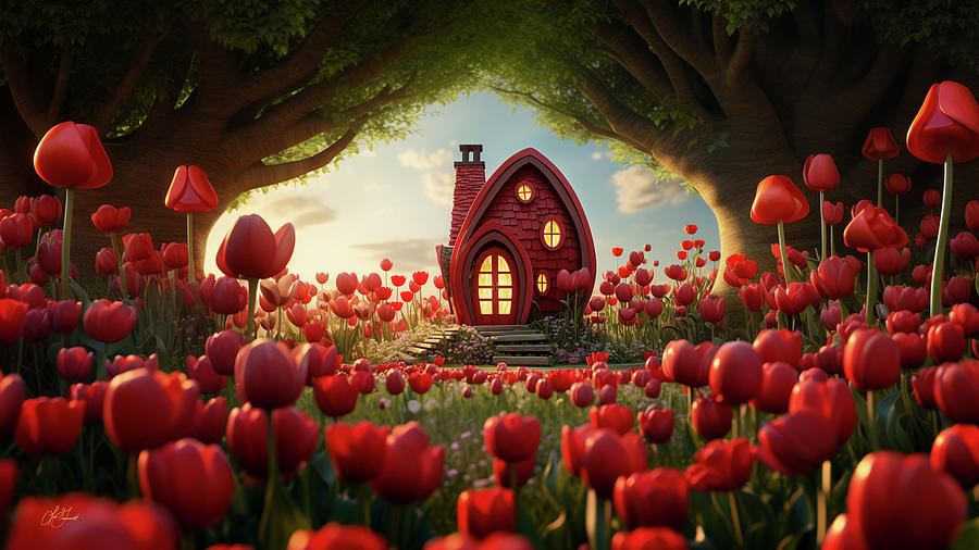 Red Tulip House  Digital Art by Lori Grimmett
