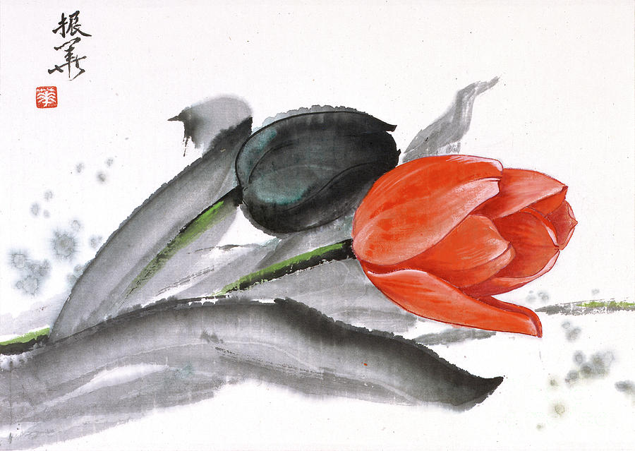 Red Tulip Painting by Wang Zhenhua