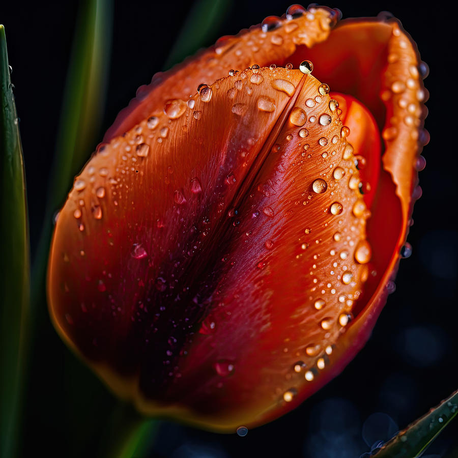 Red Tulip with Morning Dew Macro I Digital Art by Lily Malor