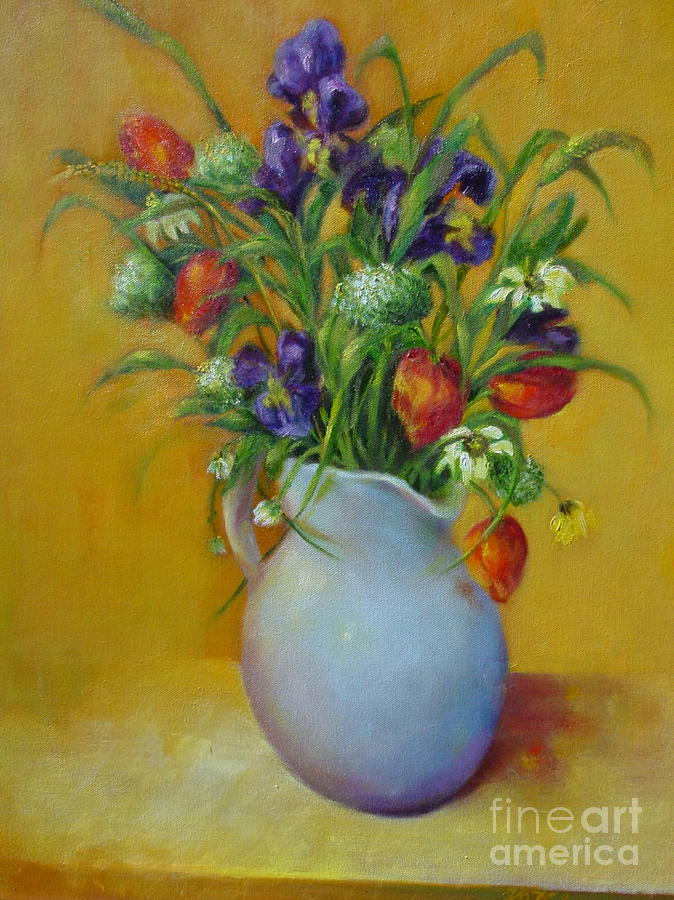 Still Life Painting - Red Tulips and Blue Iris                           copyrighted by Kathleen Hoekstra
