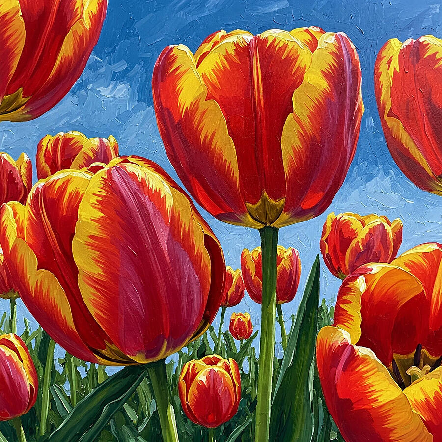 Red Tulips and the Blue Sky Painting by Alex Mir