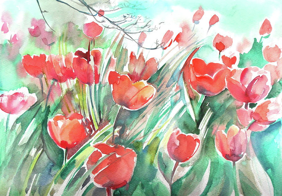 Red tulips in a field Painting by Katya Atanasova