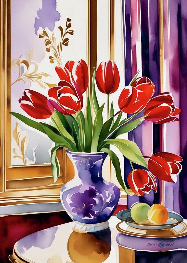 Tulip Digital Art - Red Tulips in a Purple Vase by James Eye