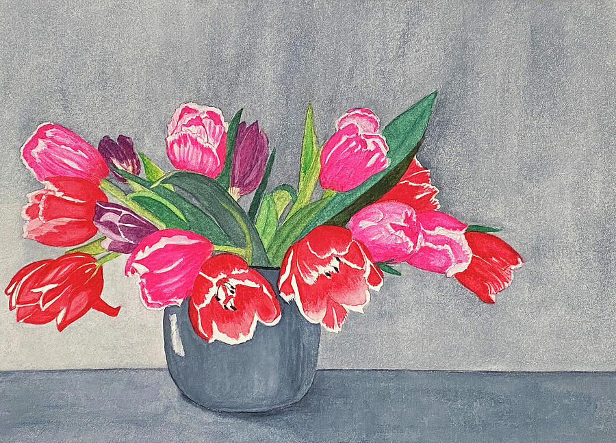 Red Tulips In Gray Vase Still Life Painting by Deborah League