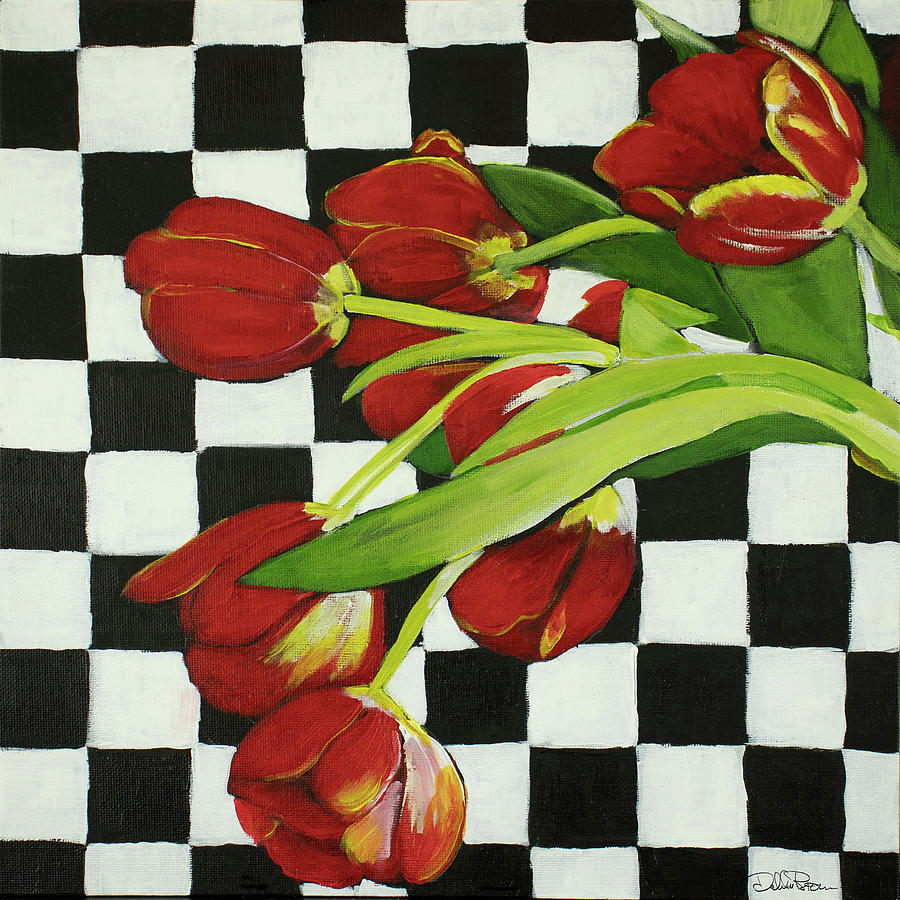 Red Tulips on Checks Painting by Debbie Brown