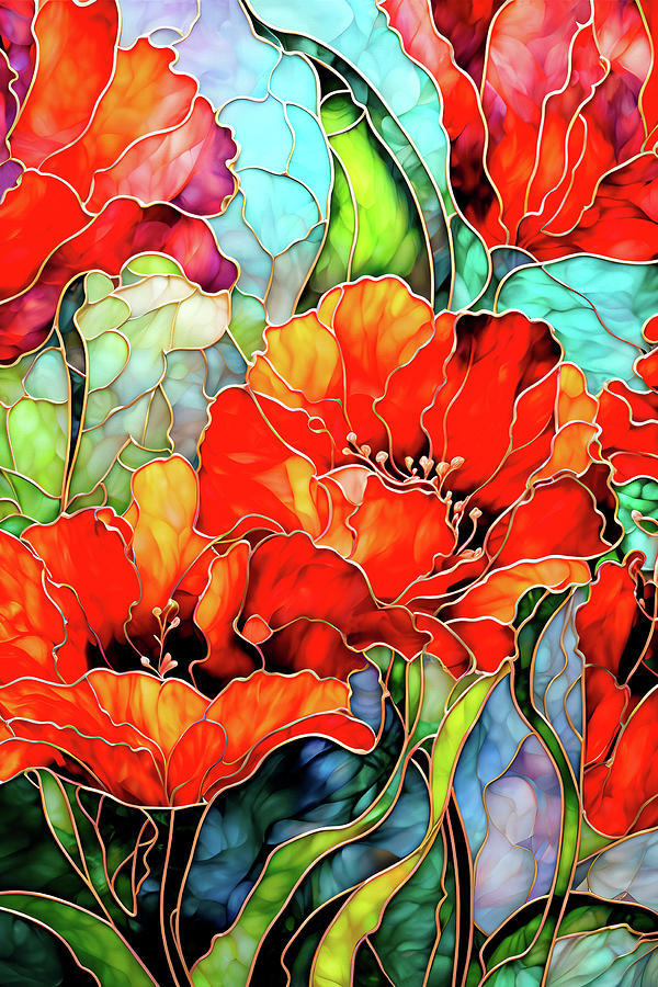Red Tulips - Stained Glass Digital Art by Peggy Collins