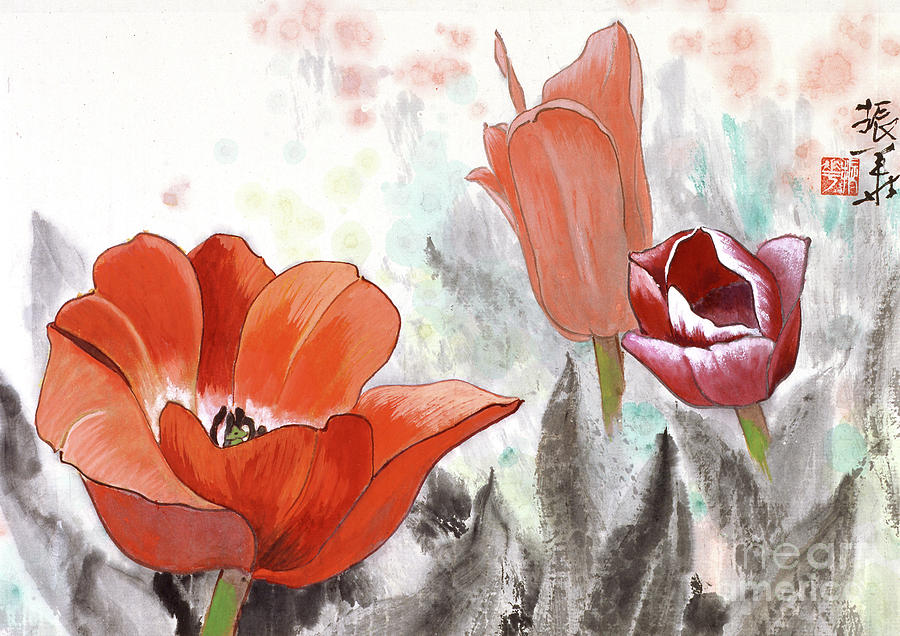 Red Tulips Painting by Wang Zhenhua