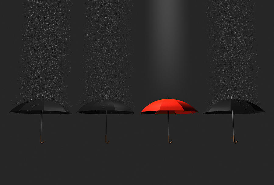 Red umbrella in row of black umbrellas Drawing by Richard Kolker