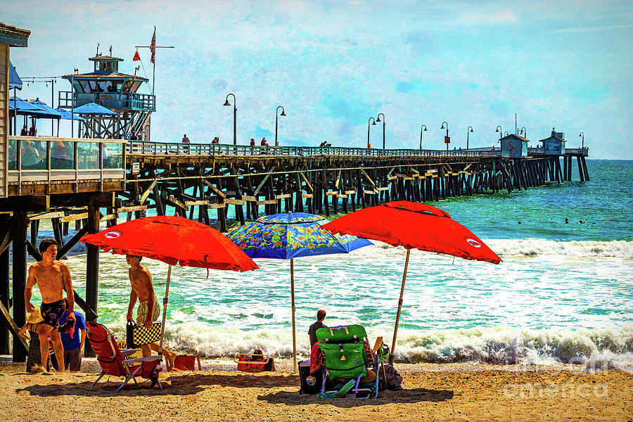 Red Umbrellas at San Clemente Pier Photograph by Roslyn Wilkins
