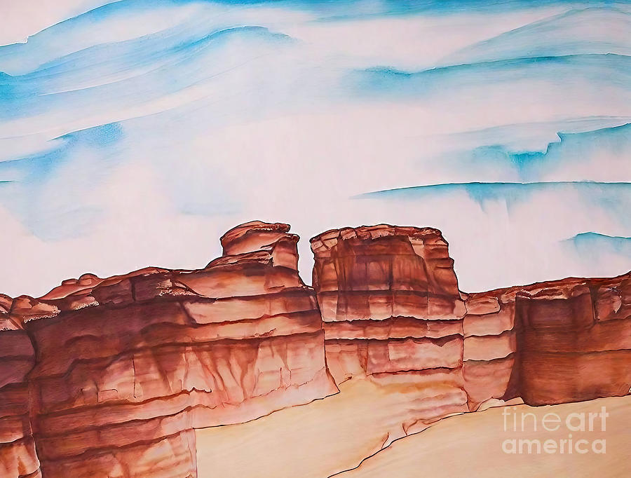 Mountain Painting - Red Utah Sandstone Mountains Painting red watercolor utah desert rockymountains americanwest gouache mountainscape landscape mountains by N Akkash