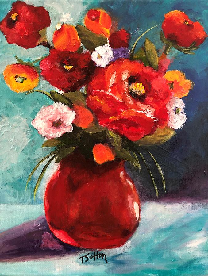 Red Vase Of Flowers Painting by Tricia Sutton