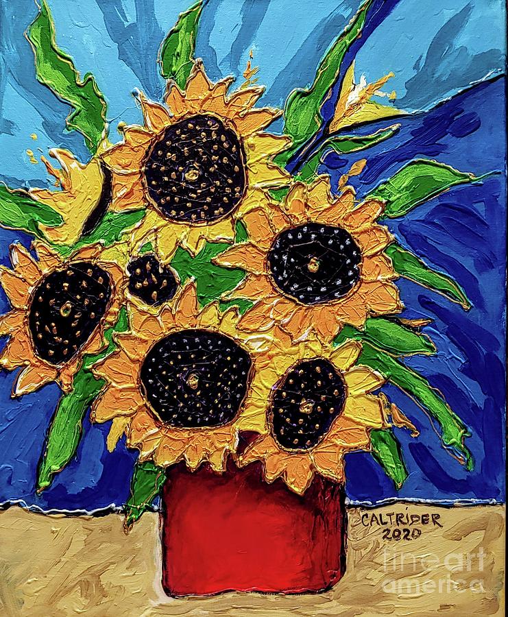 Red Vase of Sunflowers Painting by Alison Caltrider