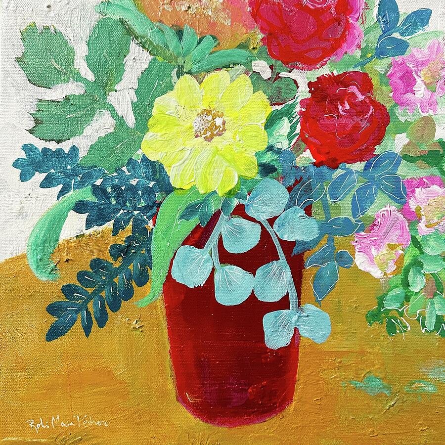 Red vase with floral arrangement Painting by Robin Pedrero